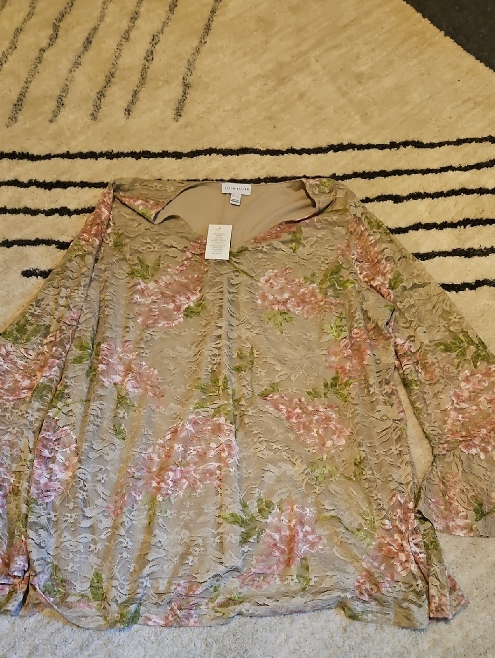 Susan Graver Taupe Lace Tunic with Pink Floral Print